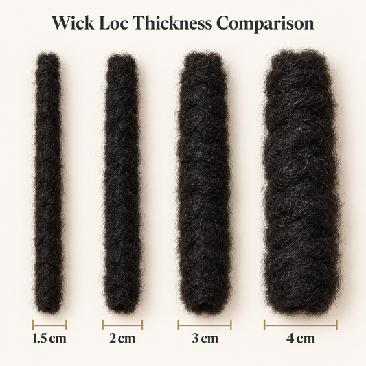 Human hair Wick Loc thickness comparison showing 1.5 cm, 2 cm, 3 cm and 4 cm handmade loc extensions