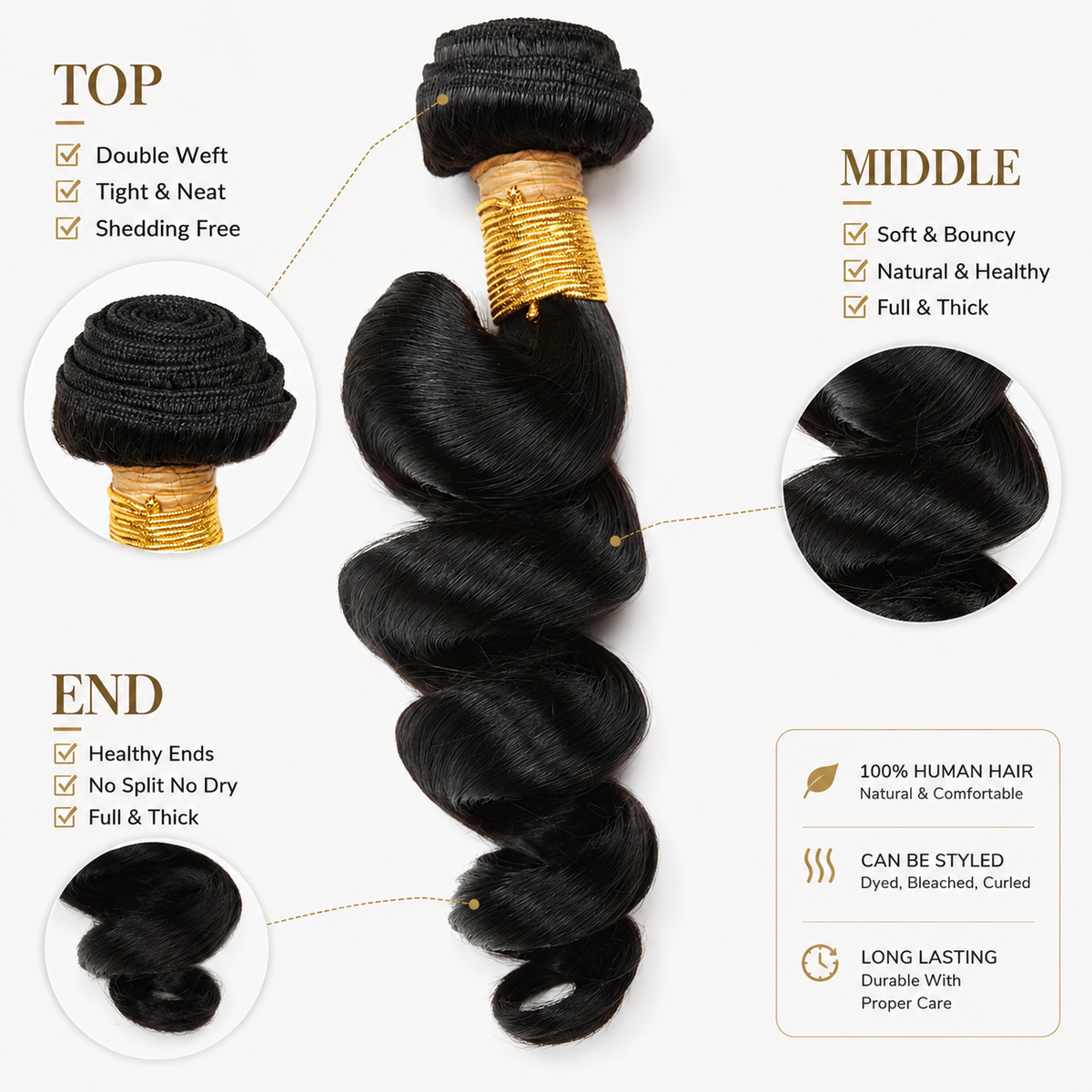 Loose wave human hair weft bundles
