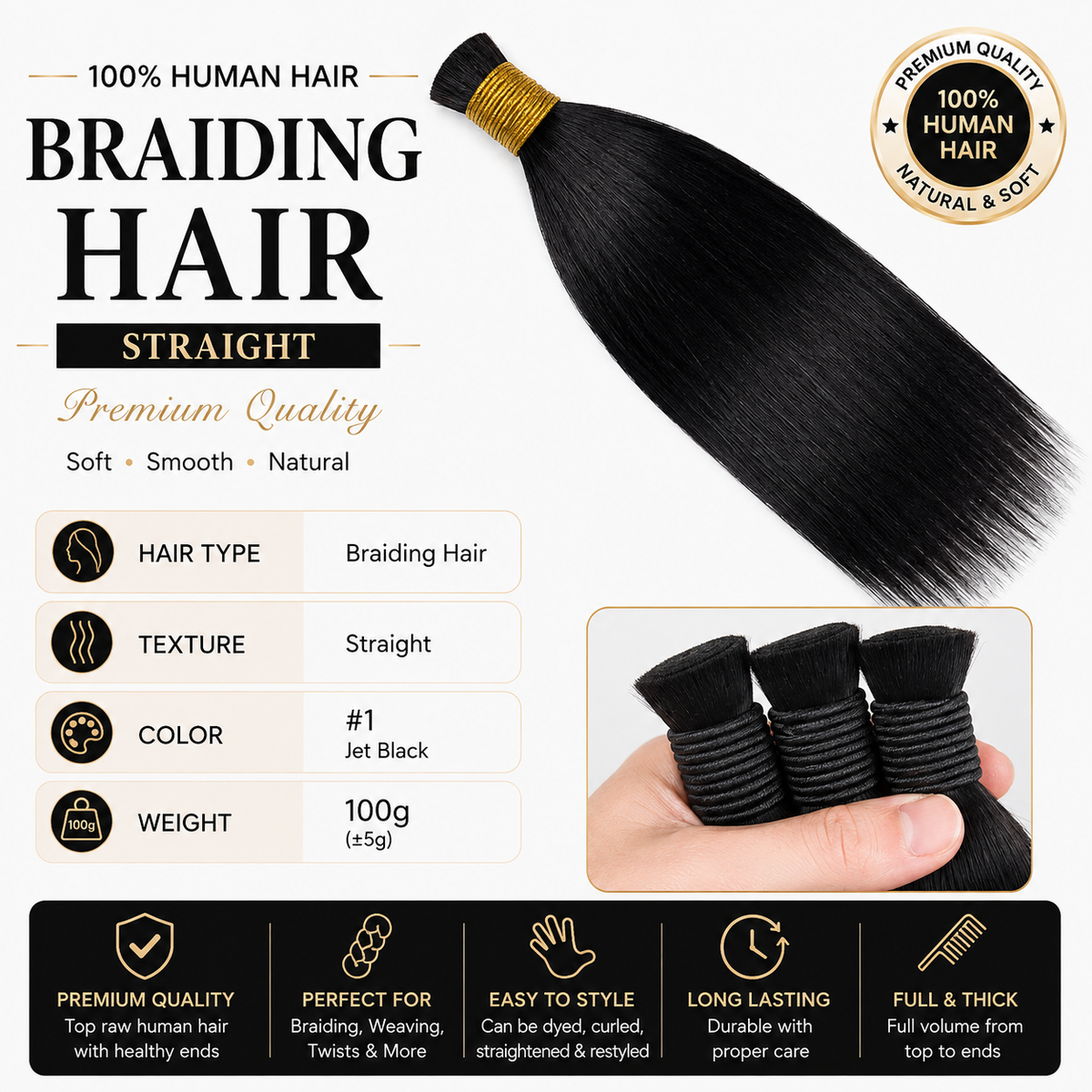 natural black brading hair 100gram