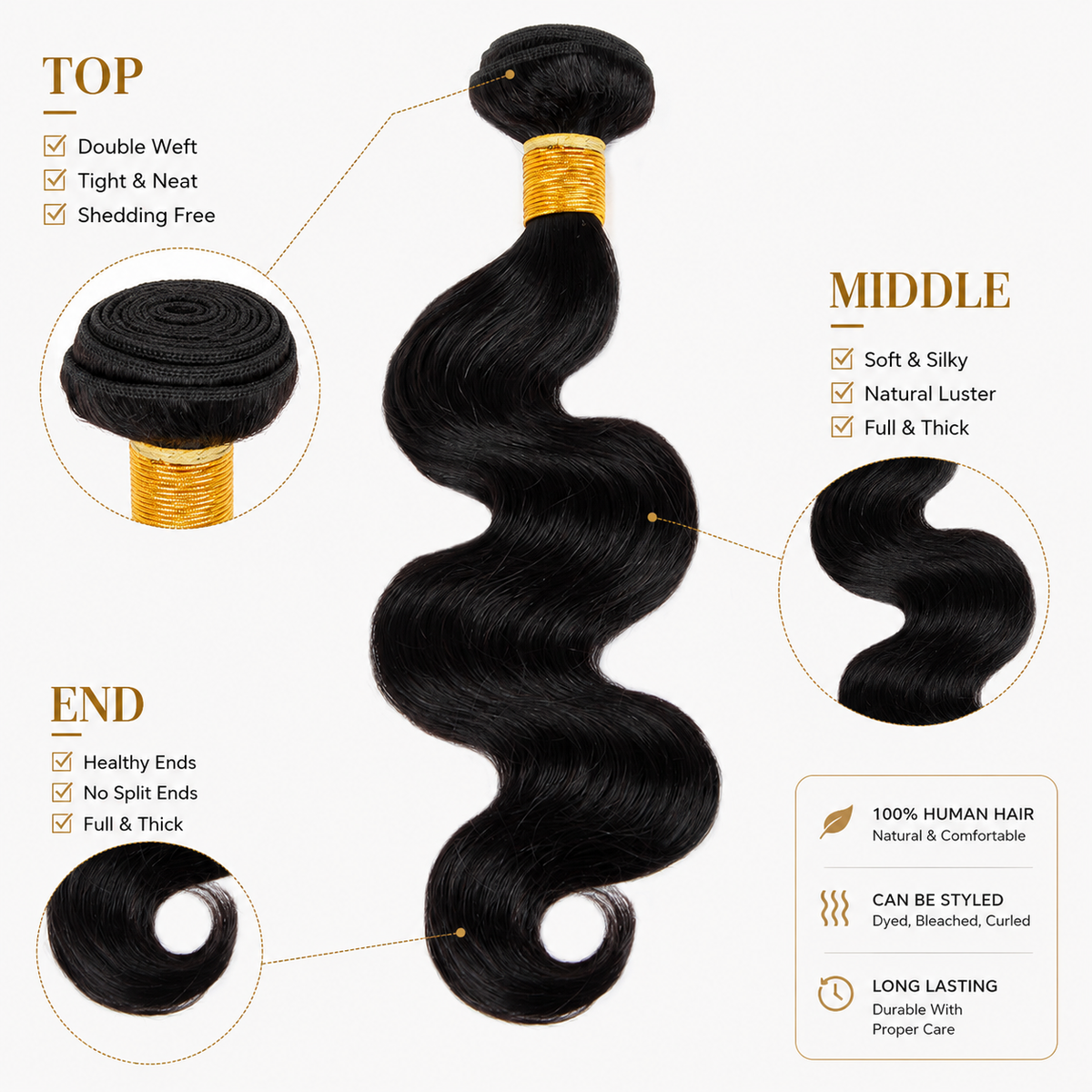 Human hair bundles with body wave weft construction