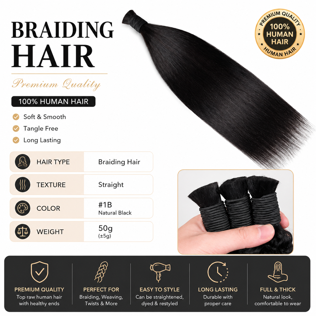 bulk hair natural black straight 50gram
