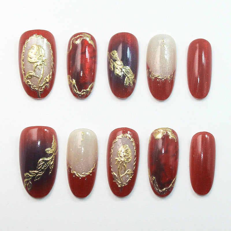 cavora Press-On Nails – Everyday Cat Eye Crystal & Glam Styles – Rose Gold Floral reusable false nails