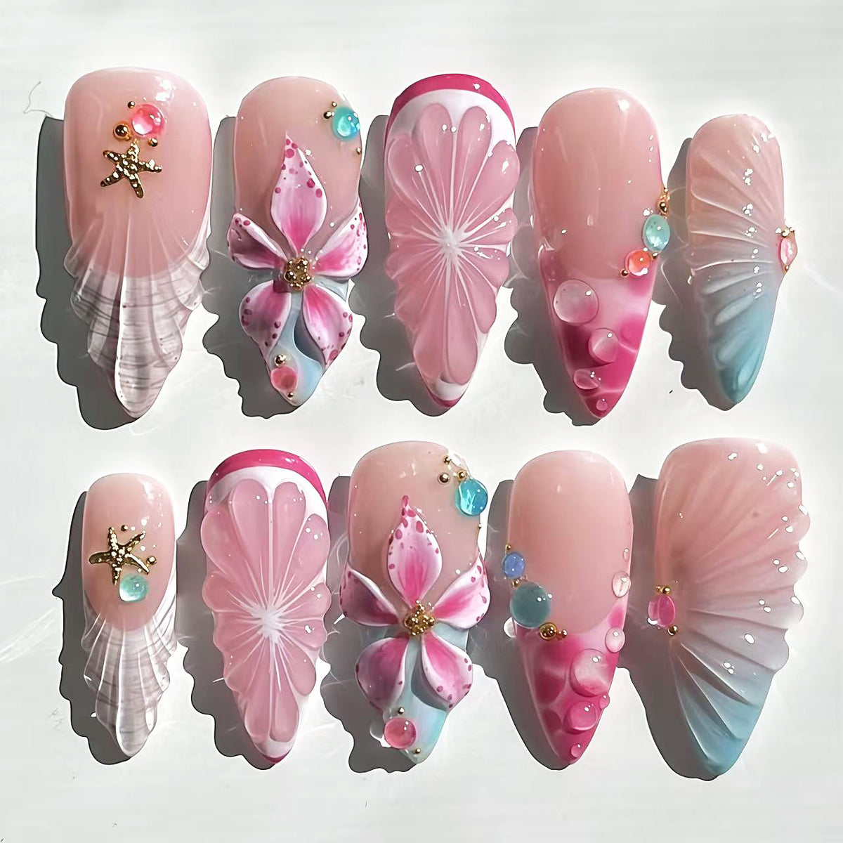 cavora Back to School Press-On Nails – Cute Trendy Styles – Pink Island 3D reusable false nails