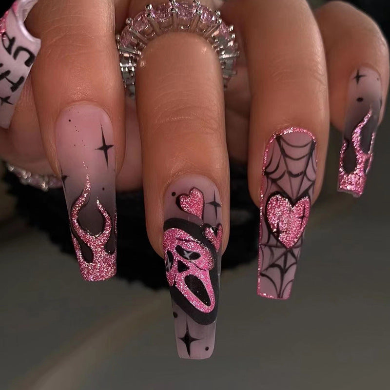 cavora Halloween Press-On Nails – Gothic Spooky Nail Art – Pink Spiderweb reusable false nails