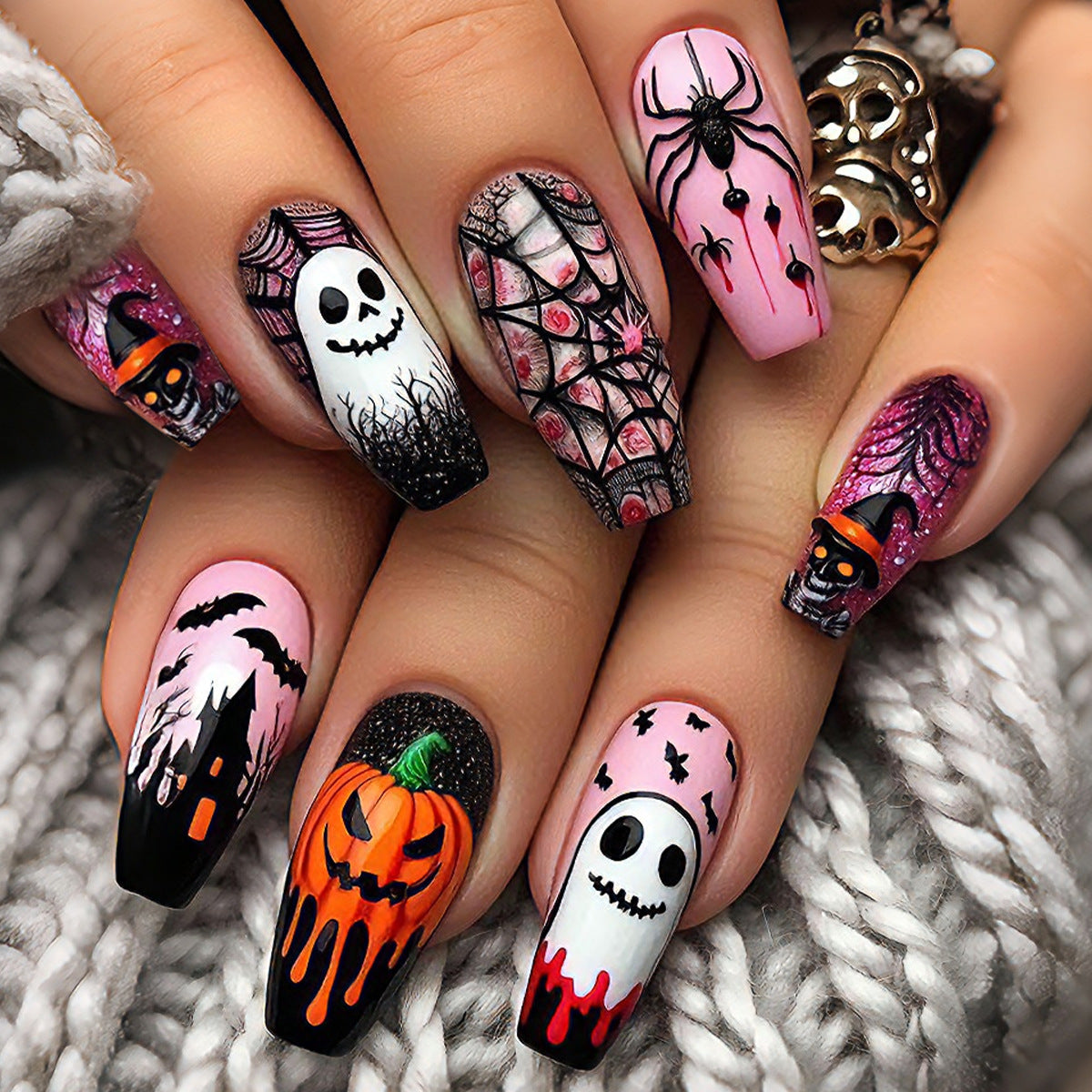 cavora Halloween Press-On Nails – Gothic Spooky Nail Art – Black Spiderweb reusable false nails