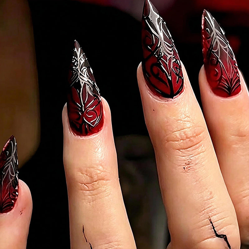 cavora Halloween Press-On Nails – Gothic Spooky Nail Art – Dark Red Web reusable false nails