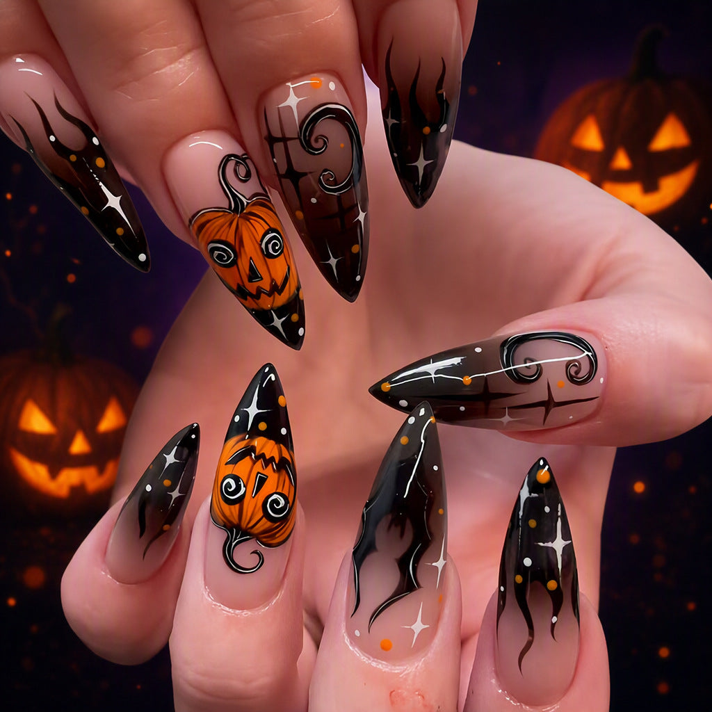 cavora Halloween Press-On Nails – Gothic Spooky Nail Art – Pumpkin Flame reusable false nails