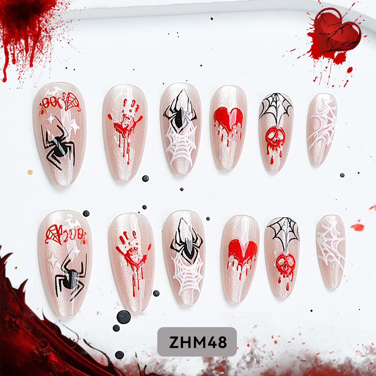cavora Halloween Press-On Nails – Gothic Spooky Nail Art – Heart Spider reusable false nails