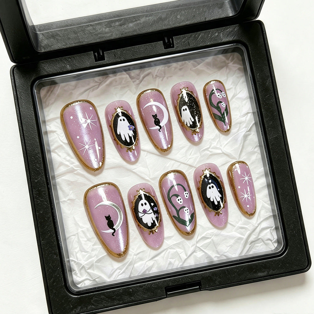 cavora Halloween Press-On Nails – Gothic Spooky Nail Art – Purple Ghost Cat reusable false nails