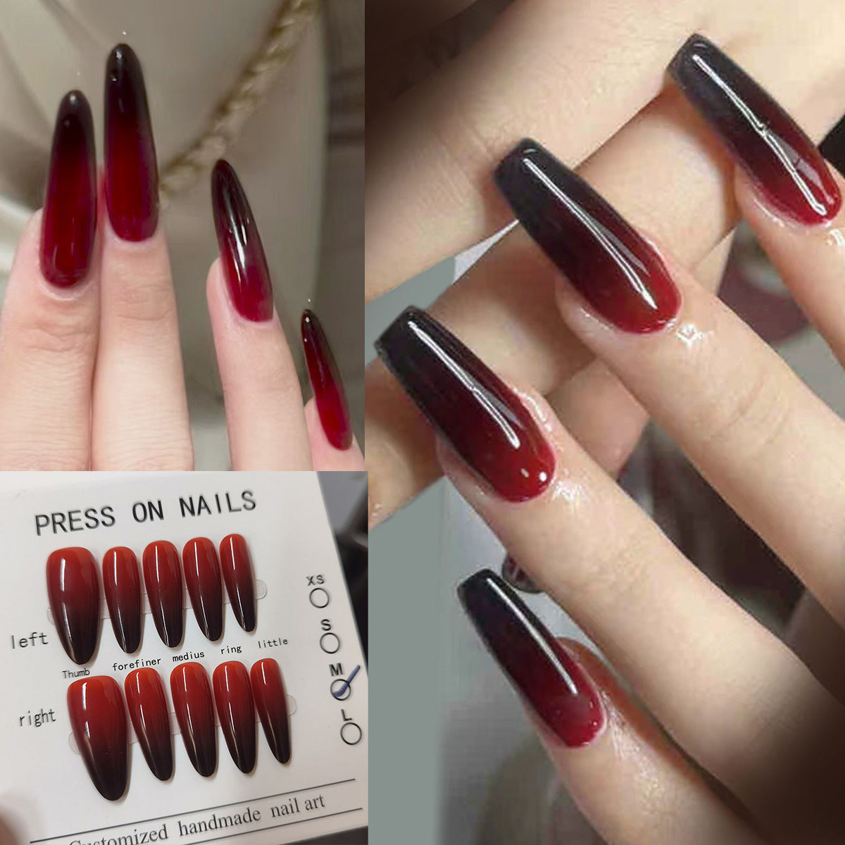 cavora Halloween Press-On Nails – Gothic Spooky Nail Art – Black Red Gradient reusable false nails