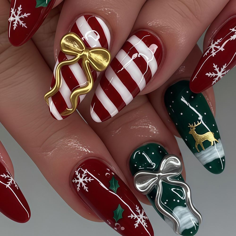 cavora Christmas Press-On Nails – Holiday Winter Nail Art – Red Green Bow reusable false nails