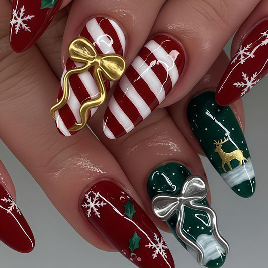 cavora Christmas Press-On Nails – Holiday Winter Nail Art – Red Green Bow reusable false nails