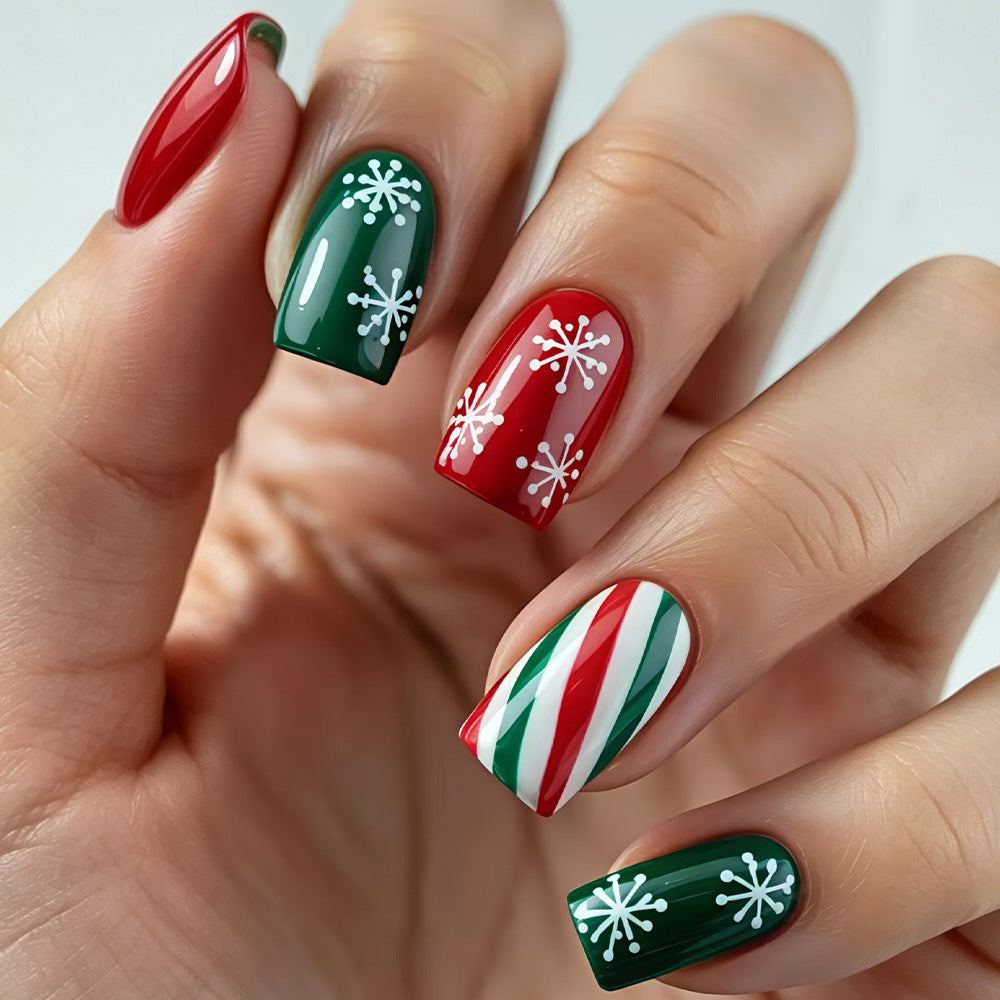 cavora Christmas Press-On Nails – Holiday Winter Nail Art – Striped Snowflake reusable false nails