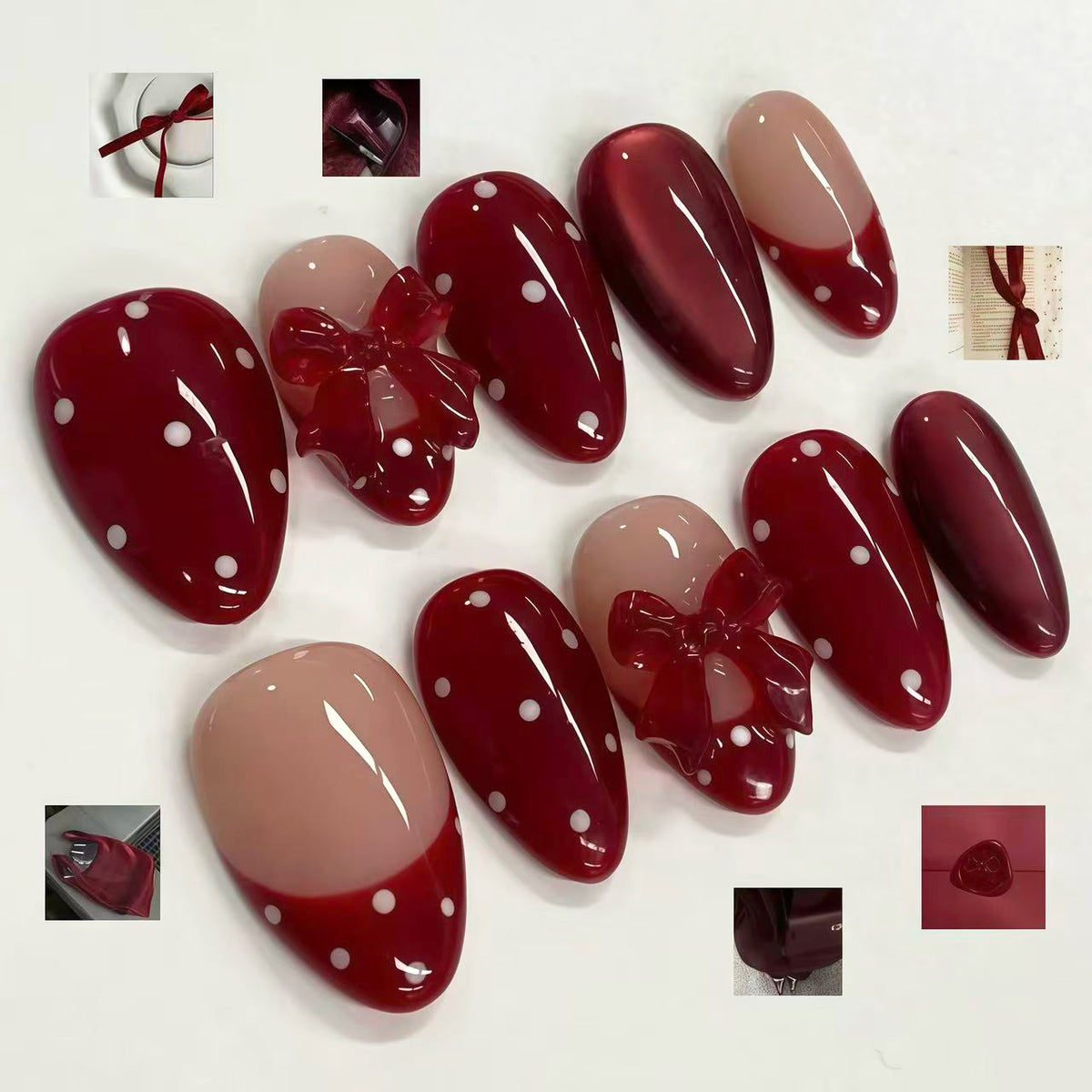 cavora Christmas Press-On Nails – Holiday Winter Nail Art – Red Polka Dot Bow reusable false nails