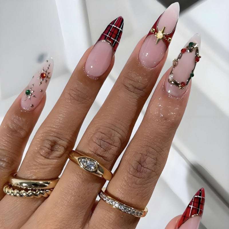 cavora Christmas Press-On Nails – Holiday Winter Nail Art – Red Black Plaid reusable false nails