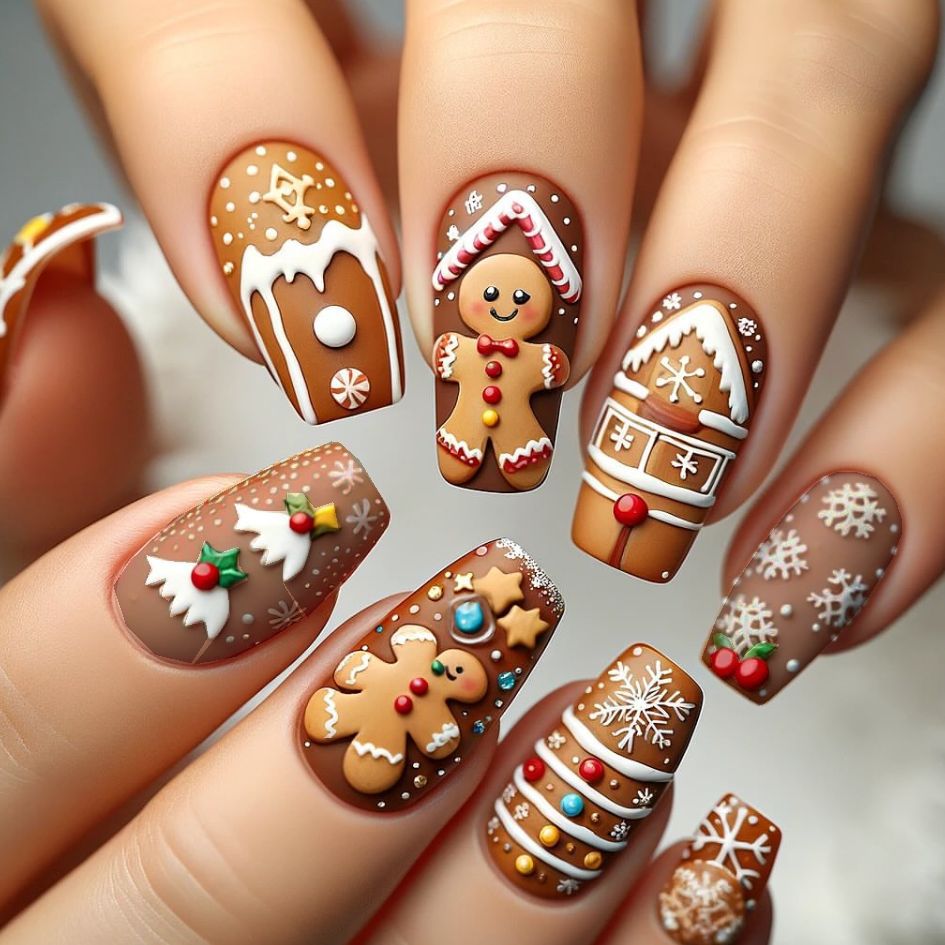 cavora Christmas Press-On Nails – Holiday Winter Nail Art – Gingerbread reusable false nails
