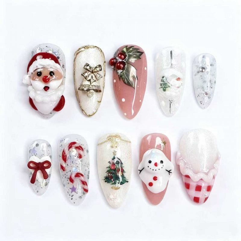cavora Press-On Nails – Everyday Cat Eye Crystal & Glam Styles – Gold Santa Bow reusable false nails