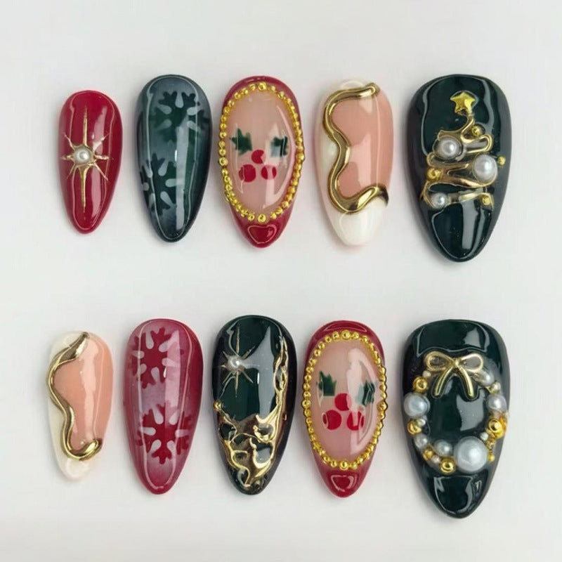 cavora Press-On Nails – Everyday Cat Eye Crystal & Glam Styles – Gold Pearl Bow reusable false nails