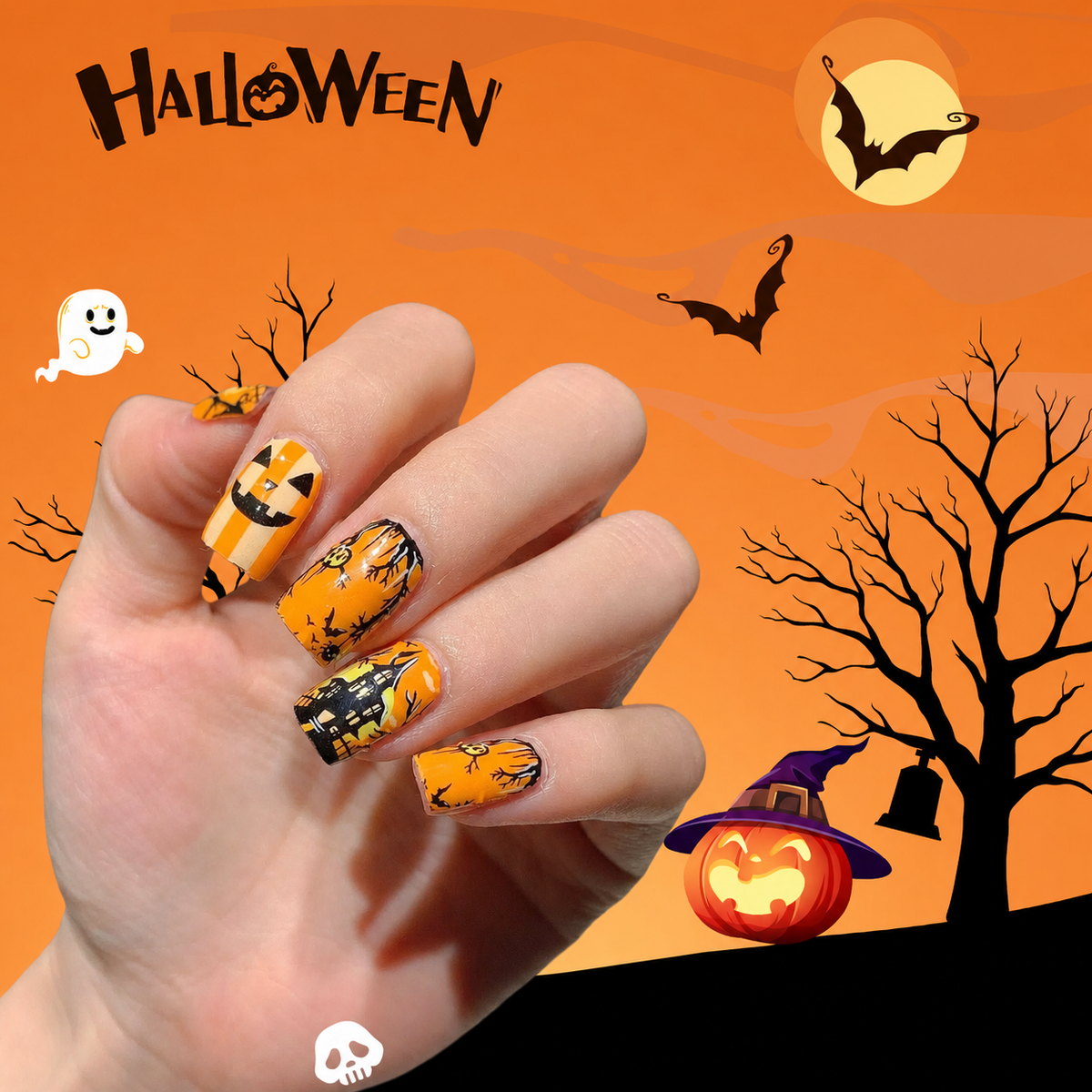 cavora Halloween Press-On Nails – Gothic Spooky Nail Art – Halloween Orange reusable false nails
