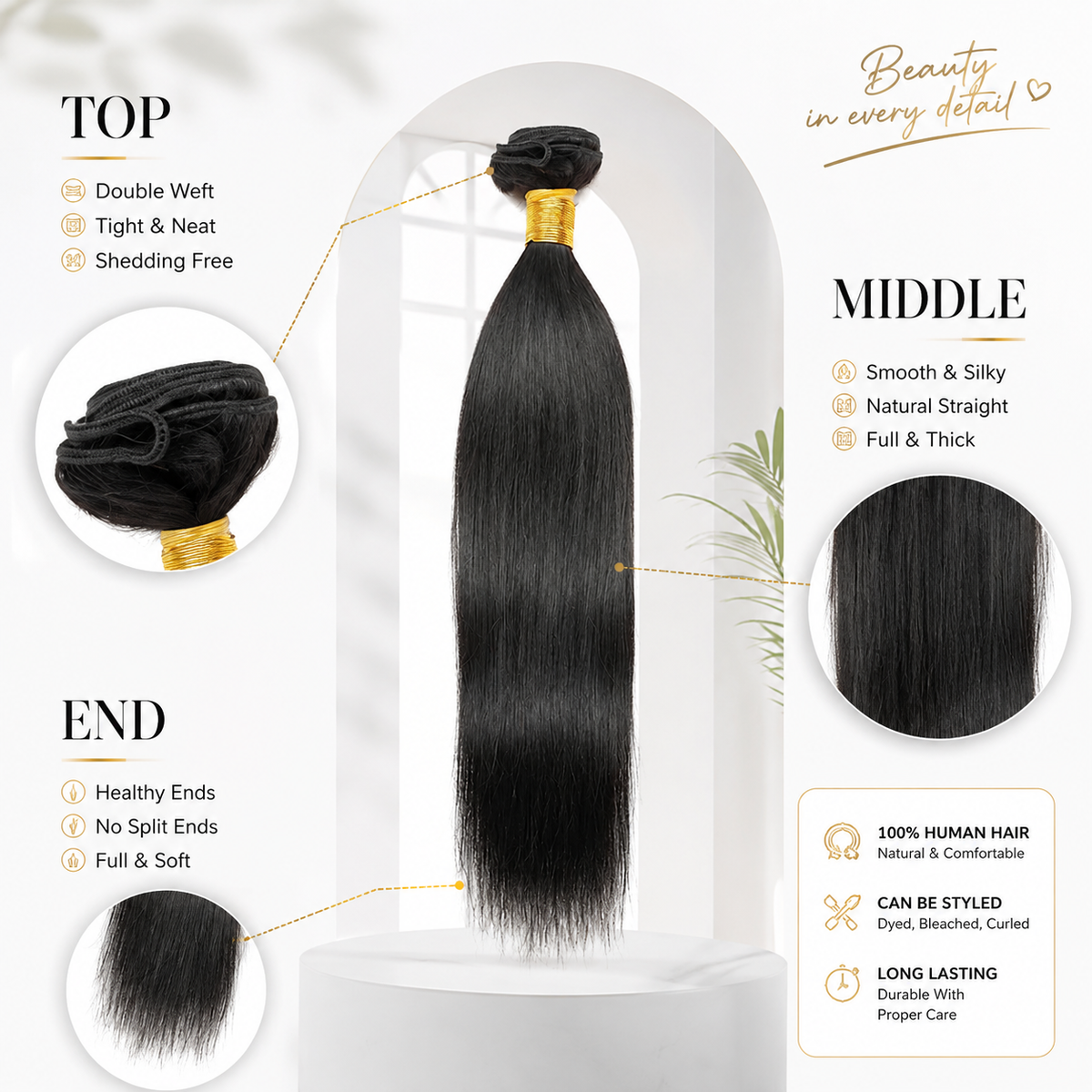 CAVORA straight human hair bundles and hair weft details