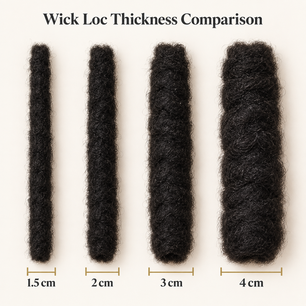 Human hair Wick Loc thickness comparison showing 1.5 cm, 2 cm, 3 cm and 4 cm handmade loc extensions