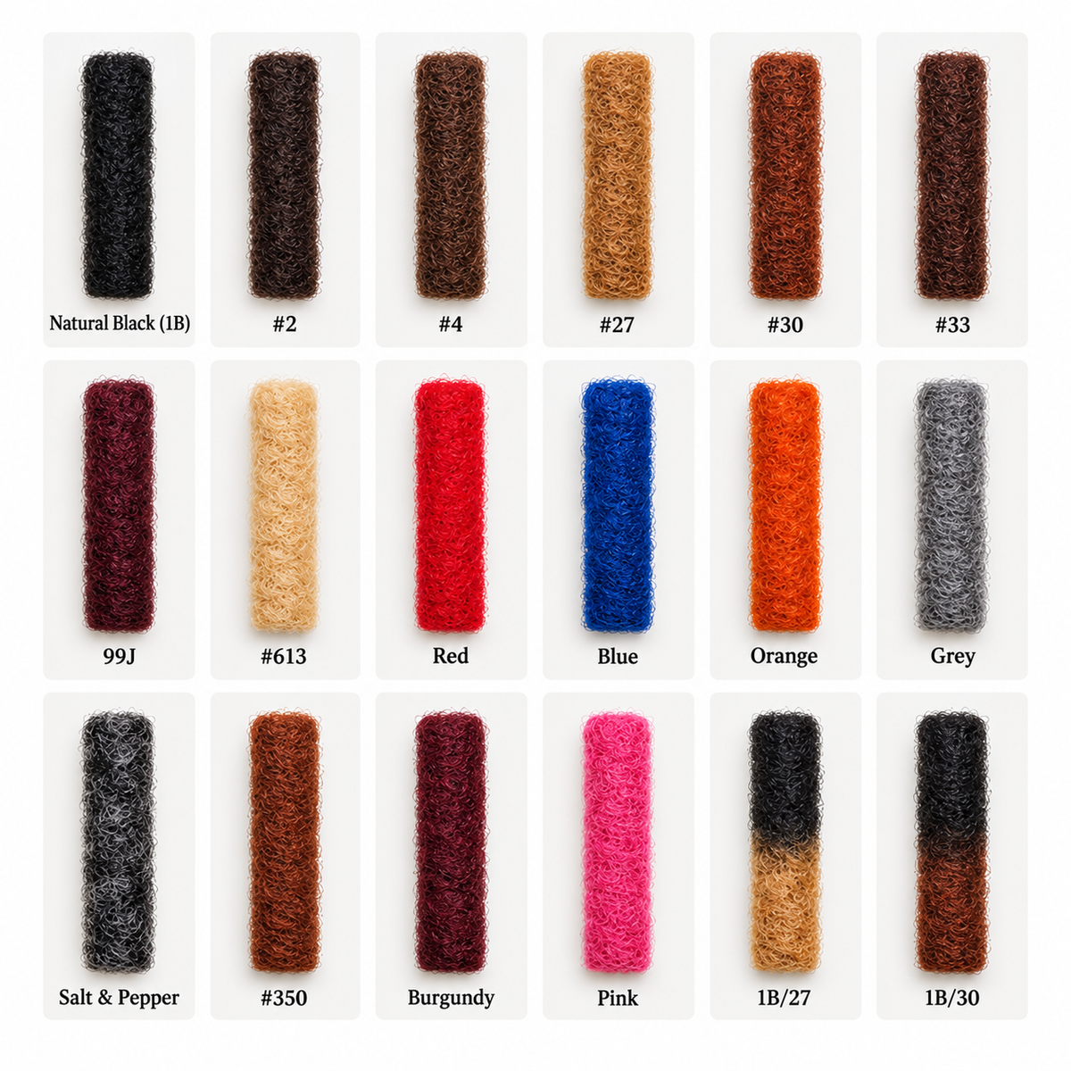 human hair Wick Loc color chart with 18 colors including half black 1B/27 and 1B/30 ombre locs