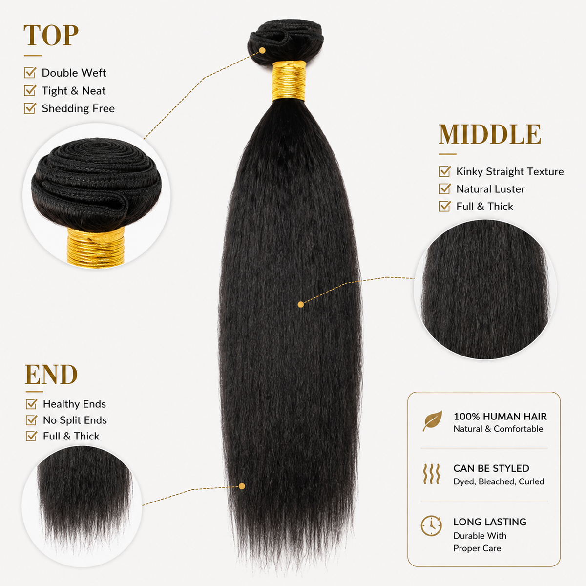 Kinky straight human hair weft bundles details