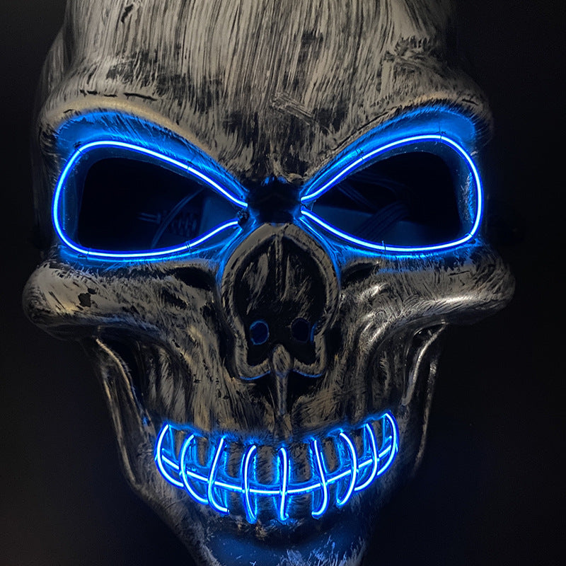 close-up of LED skull mask with stitched mouth design