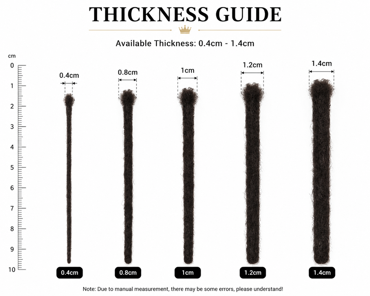 Human hair dreadlock thickness guide from 0.4cm to 1cm