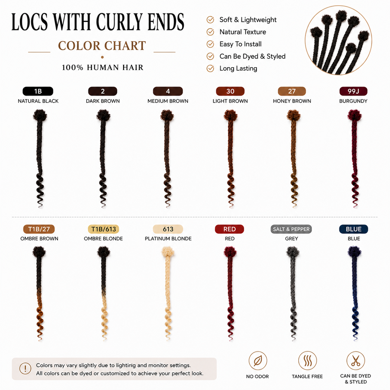 CAVORA Curly End Human Hair Loc Extensions – 10 PCS - locs with curly ends colorlist