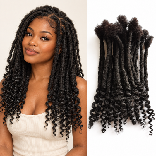 Side view of natural black curly ends loc extensions worn by a model