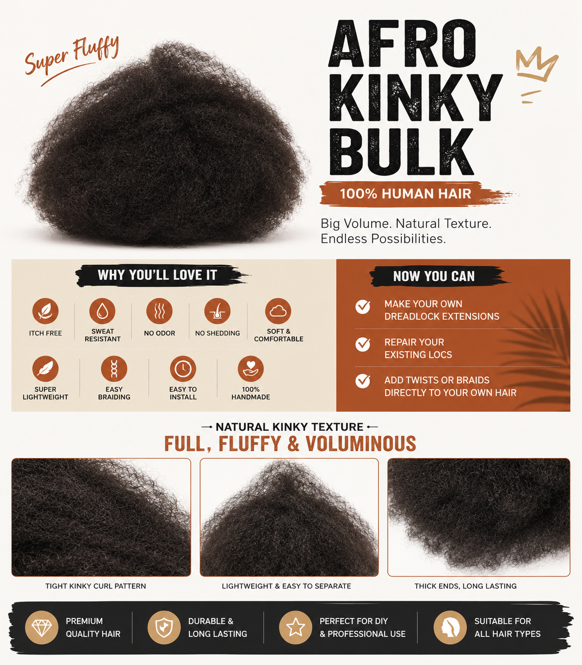 Afro Kinky Bulk Hair for Loc Repair product texture and color